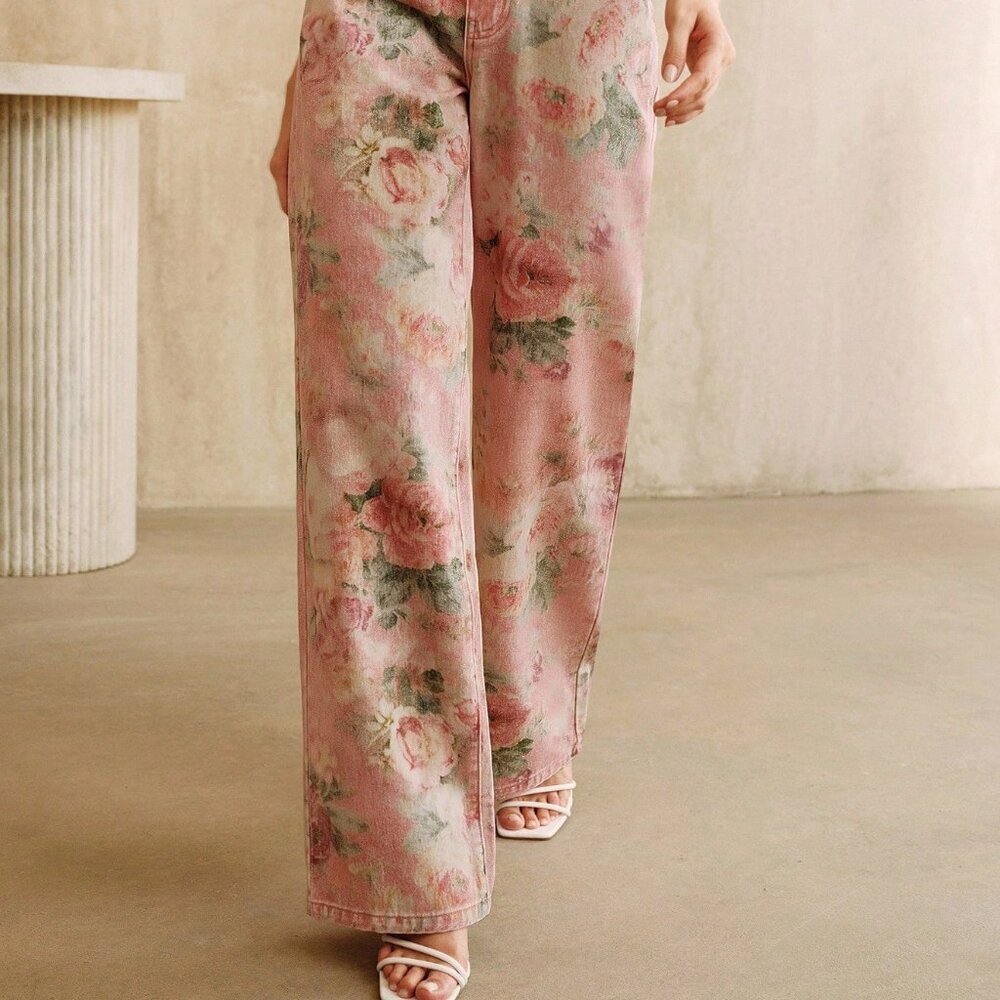Pink Casual Women's Printed Jeans - Picture 3 of 7